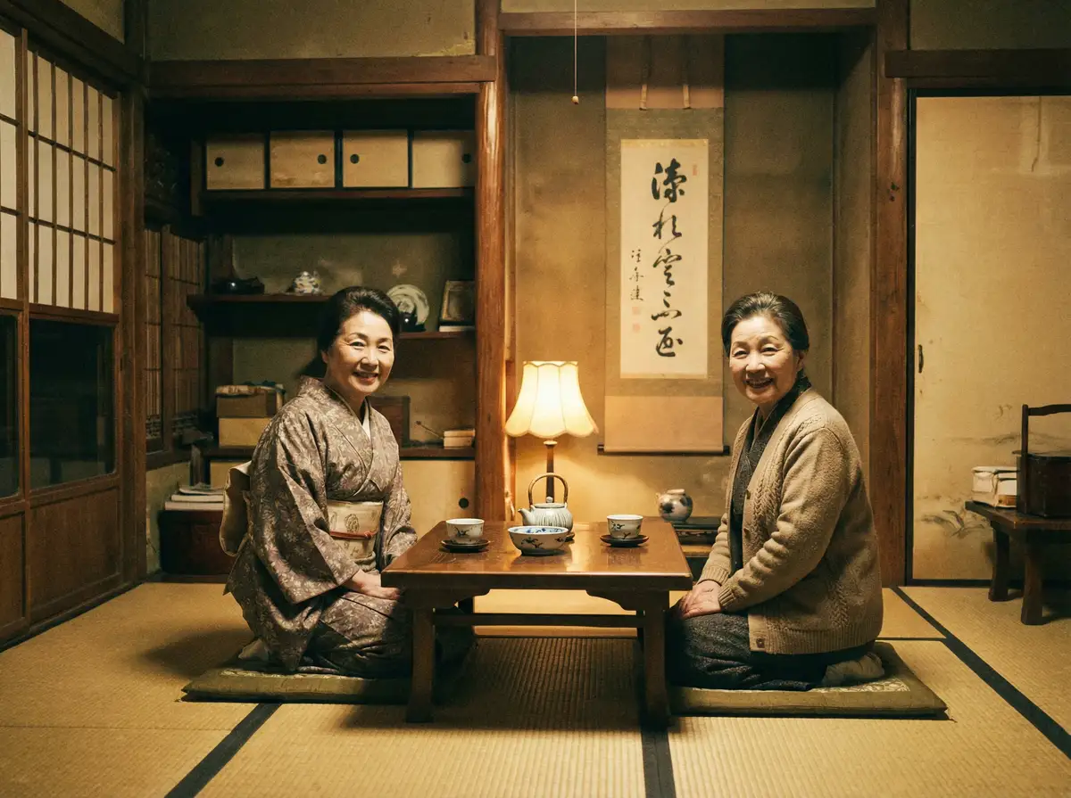 两位优雅的 500彩票app 在日式茶室中品茶交谈